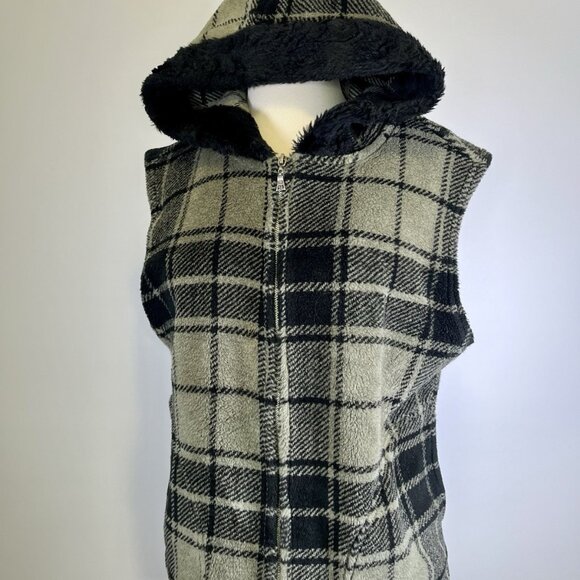 True Grit Sherpa Fleece Grey Plaid Hooded Sweater Vest Large Winter Western - Picture 1 of 6